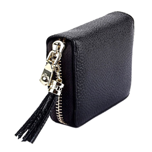 Genuine Cowhide Leather Solid Color Zipper Card Holder Wallet RFID Blocking Card Bag Protect Case Coin Purse with Tassel Pendant & 15 Card Slots for Women, Size: 11.1*7.6*3.5cm(Red)