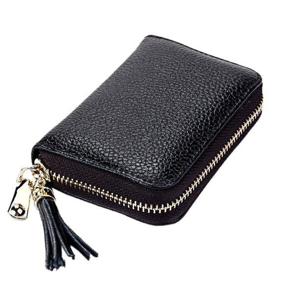 Genuine Cowhide Leather Solid Color Zipper Card Holder Wallet RFID Blocking Card Bag Protect Case Coin Purse with Tassel Pendant & 15 Card Slots for Women, Size: 11.1*7.6*3.5cm(Red)