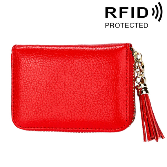Genuine Cowhide Leather Solid Color Zipper Card Holder Wallet RFID Blocking Card Bag Protect Case Coin Purse with Tassel Pendant & 15 Card Slots for Women, Size: 11.1*7.6*3.5cm(Red)