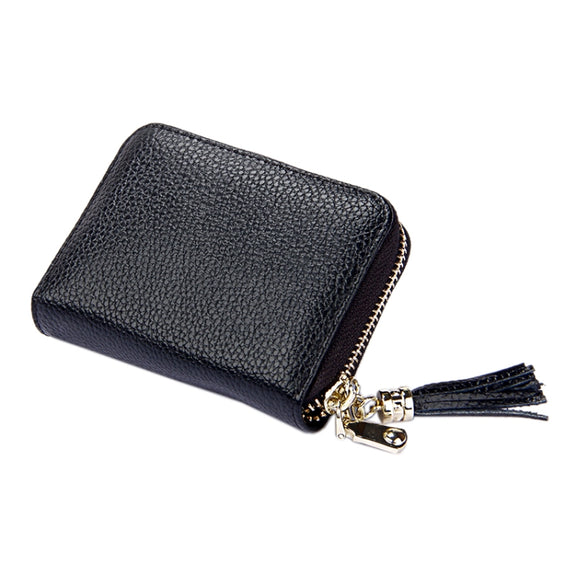 Genuine Cowhide Leather Solid Color Zipper Card Holder Wallet RFID Blocking Card Bag Protect Case Coin Purse with Tassel Pendant & 15 Card Slots for Women, Size: 11.1*7.6*3.5cm(Red)