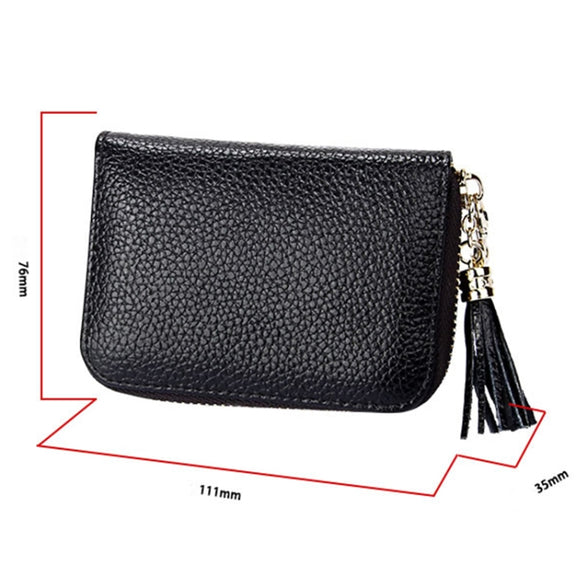 Genuine Cowhide Leather Solid Color Zipper Card Holder Wallet RFID Blocking Card Bag Protect Case Coin Purse with Tassel Pendant & 15 Card Slots for Women, Size: 11.1*7.6*3.5cm(Red)