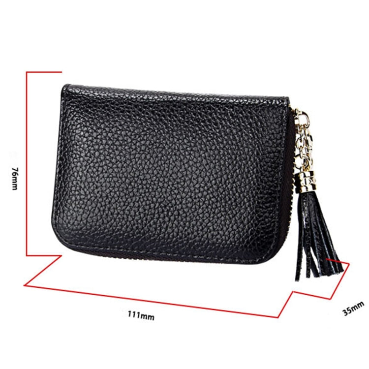 Genuine Cowhide Leather Solid Color Zipper Card Holder Wallet RFID Blocking Card Bag Protect Case Coin Purse with Tassel Pendant & 15 Card Slots for Women, Size: 11.1*7.6*3.5cm(Red)