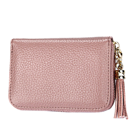 Genuine Cowhide Leather Solid Color Zipper Card Holder Wallet RFID Blocking Card Bag Protect Case Coin Purse with Tassel Pendant & 15 Card Slots for Women, Size: 11.1*7.6*3.5cm