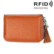Genuine Cowhide Leather Solid Color Zipper Card Holder Wallet RFID Blocking Card Bag Protect Case Coin Purse with Tassel Pendant & 15 Card Slots for Women, Size: 11.1*7.6*3.5cm(Brown)