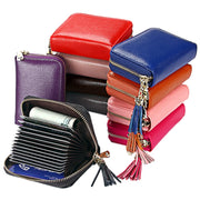 Genuine Cowhide Leather Solid Color Zipper Card Holder Wallet RFID Blocking Card Bag Protect Case Coin Purse with Tassel Pendant & 15 Card Slots for Women, Size: 11.1*7.6*3.5cm(Red)