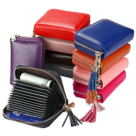 Genuine Cowhide Leather Solid Color Zipper Card Holder Wallet RFID Blocking Card Bag Protect Case Coin Purse with Tassel Pendant & 15 Card Slots for Women, Size: 11.1*7.6*3.5cm(Red)