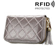 Genuine Cowhide Leather Grid Texture Zipper Card Holder Wallet RFID Blocking Card Bag Protect Case Coin Purse with Tassel Pendant & 15 Card Slots for Women, Size: 11.1*7.9*3.5cm(Grey) - Antimagnetic RFID Package by PMC TechLife | Online Shopping South Africa | PMC TechLife | Buy Now Pay Later Mobicred