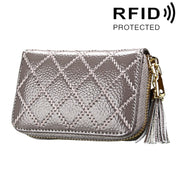 Genuine Cowhide Leather Grid Texture Zipper Card Holder Wallet RFID Blocking Card Bag Protect Case Coin Purse with Tassel Pendant & 15 Card Slots for Women, Size: 11.1*7.9*3.5cm(Grey)