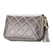 Genuine Cowhide Leather Grid Texture Zipper Card Holder Wallet RFID Blocking Card Bag Protect Case Coin Purse with Tassel Pendant & 15 Card Slots for Women, Size: 11.1*7.9*3.5cm(Grey)