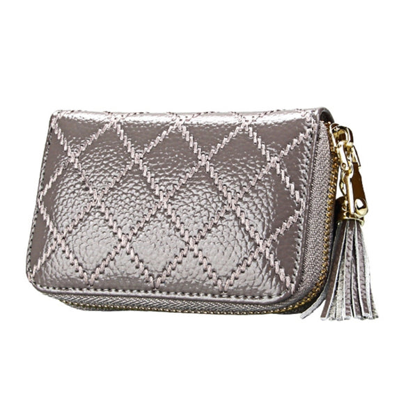 Genuine Cowhide Leather Grid Texture Zipper Card Holder Wallet RFID Blocking Card Bag Protect Case Coin Purse with Tassel Pendant & 15 Card Slots for Women, Size: 11.1*7.9*3.5cm(Grey)