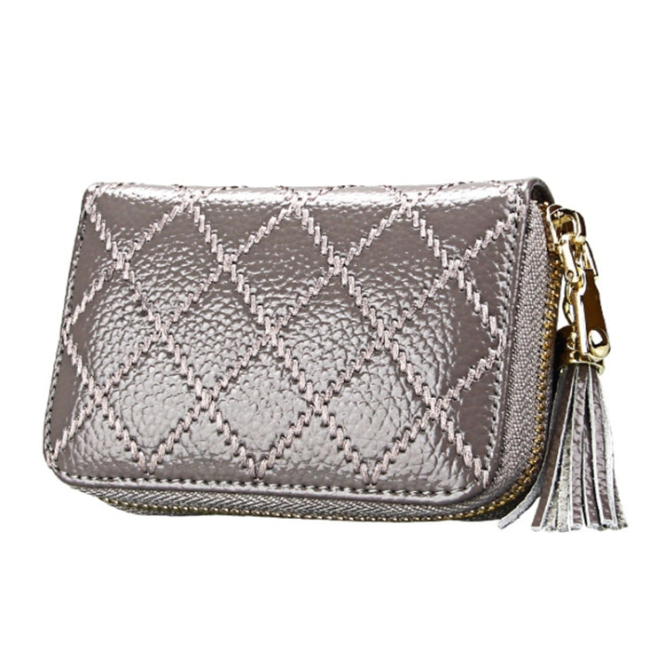 Genuine Cowhide Leather Grid Texture Zipper Card Holder Wallet RFID Blocking Card Bag Protect Case Coin Purse with Tassel Pendant & 15 Card Slots for Women, Size: 11.1*7.9*3.5cm(Grey)