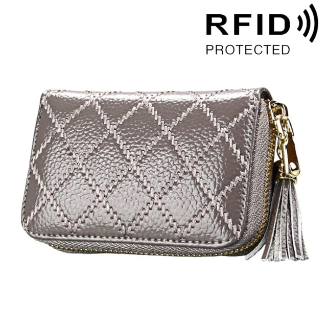 Genuine Cowhide Leather Grid Texture Zipper Card Holder Wallet RFID Blocking Card Bag Protect Case Coin Purse with Tassel Pendant & 15 Card Slots for Women, Size: 11.1*7.9*3.5cm(Grey)