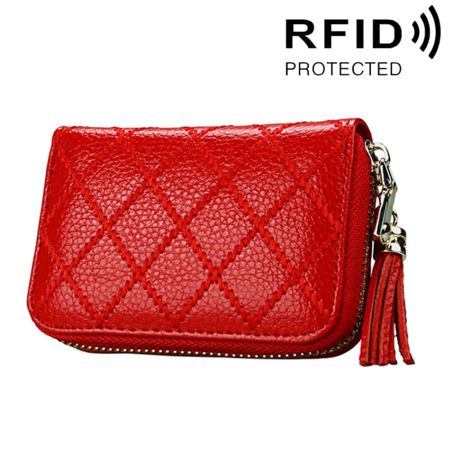 Genuine Cowhide Leather Grid Texture Zipper Card Holder Wallet RFID Blocking Card Bag Protect Case Coin Purse with Tassel Pendant & 15 Card Slots for Women, Size: 11.1*7.9*3.5cm(Red)