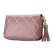 Genuine Cowhide Leather Grid Texture Zipper Card Holder Wallet RFID Blocking Card Bag Protect Case Coin Purse with Tassel Pendant & 15 Card Slots for Women, Size: 11.1*7.9*3.5cm