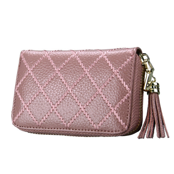 Genuine Cowhide Leather Grid Texture Zipper Card Holder Wallet RFID Blocking Card Bag Protect Case Coin Purse with Tassel Pendant & 15 Card Slots for Women, Size: 11.1*7.9*3.5cm