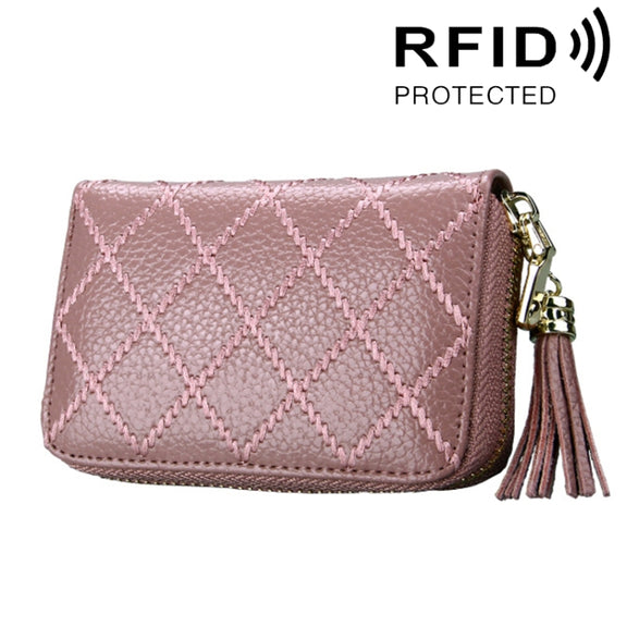 Genuine Cowhide Leather Grid Texture Zipper Card Holder Wallet RFID Blocking Card Bag Protect Case Coin Purse with Tassel Pendant & 15 Card Slots for Women, Size: 11.1*7.9*3.5cm