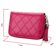 Genuine Cowhide Leather Grid Texture Zipper Card Holder Wallet RFID Blocking Card Bag Protect Case Coin Purse with Tassel Pendant & 15 Card Slots for Women, Size: 11.1*7.9*3.5cm