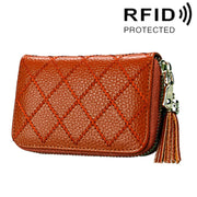 Genuine Cowhide Leather Grid Texture Zipper Card Holder Wallet RFID Blocking Card Bag Protect Case Coin Purse with Tassel Pendant & 15 Card Slots for Women, Size: 11.1*7.9*3.5cm(Brown)