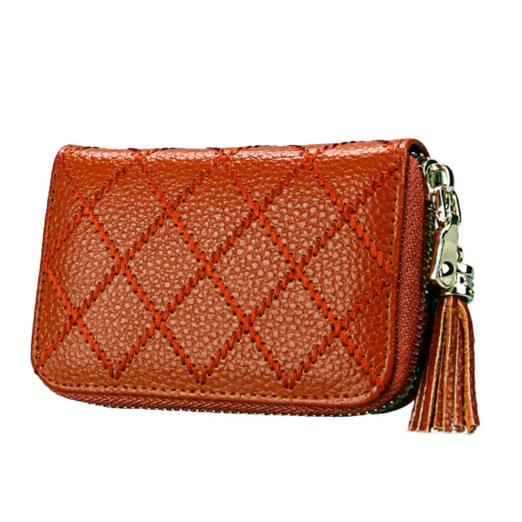 Genuine Cowhide Leather Grid Texture Zipper Card Holder Wallet RFID Blocking Card Bag Protect Case Coin Purse with Tassel Pendant & 15 Card Slots for Women, Size: 11.1*7.9*3.5cm(Brown)