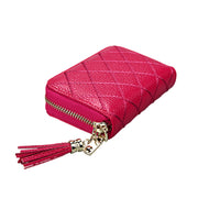 Genuine Cowhide Leather Grid Texture Zipper Card Holder Wallet RFID Blocking Card Bag Protect Case Coin Purse with Tassel Pendant & 15 Card Slots for Women, Size: 11.1*7.9*3.5cm(Brown)
