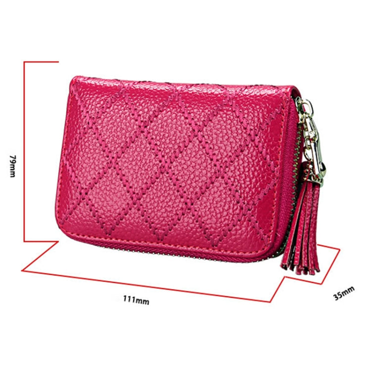 Genuine Cowhide Leather Grid Texture Zipper Card Holder Wallet RFID Blocking Card Bag Protect Case Coin Purse with Tassel Pendant & 15 Card Slots for Women, Size: 11.1*7.9*3.5cm(Brown)