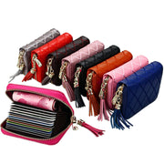 Genuine Cowhide Leather Grid Texture Zipper Card Holder Wallet RFID Blocking Card Bag Protect Case Coin Purse with Tassel Pendant & 15 Card Slots for Women, Size: 11.1*7.9*3.5cm