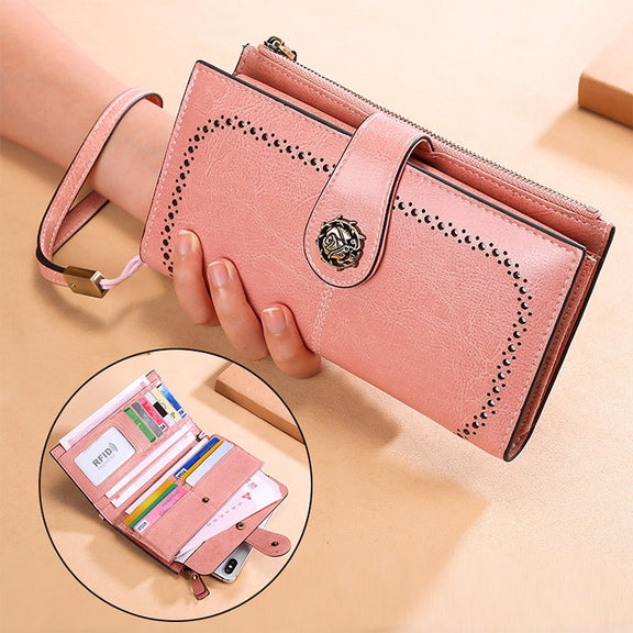 3526 Vintage Oil Wax Texture Large Capacity Long Multi-function Anti-magnetic RFID Wallet Clutch for Ladies (Yellow)