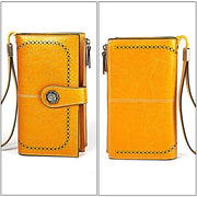 3526 Vintage Oil Wax Texture Large Capacity Long Multi-function Anti-magnetic RFID Wallet Clutch for Ladies (Yellow)