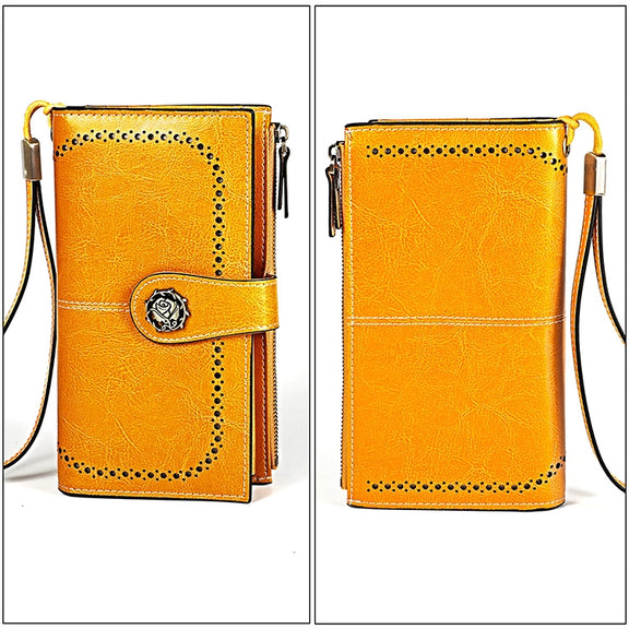 3526 Vintage Oil Wax Texture Large Capacity Long Multi-function Anti-magnetic RFID Wallet Clutch for Ladies (Yellow)