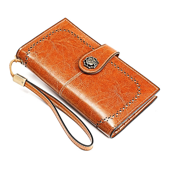 3526 Vintage Oil Wax Texture Large Capacity Long Multi-function Anti-magnetic RFID Wallet Clutch for Ladies (Brown)