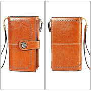 3526 Vintage Oil Wax Texture Large Capacity Long Multi-function Anti-magnetic RFID Wallet Clutch for Ladies (Brown)