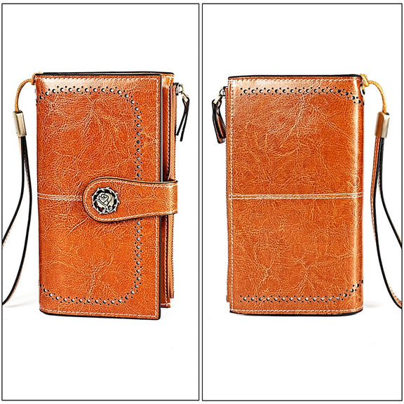 3526 Vintage Oil Wax Texture Large Capacity Long Multi-function Anti-magnetic RFID Wallet Clutch for Ladies (Brown)