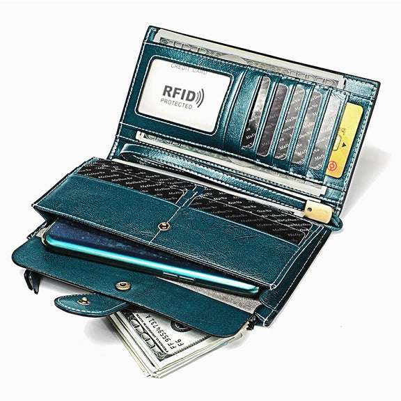 3526 Vintage Oil Wax Texture Large Capacity Long Multi-function Anti-magnetic RFID Wallet Clutch for Ladies (Brown)