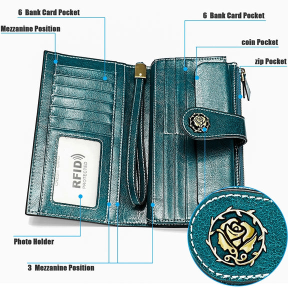 3526 Vintage Oil Wax Texture Large Capacity Long Multi-function Anti-magnetic RFID Wallet Clutch for Ladies (Brown)