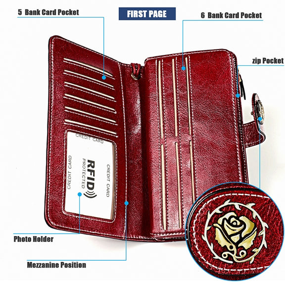 3555 Large Capacity Long Multi-function Anti-magnetic RFID Wallet Clutch for Ladies with Card Slots (Red)