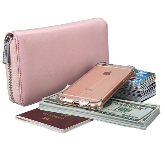 Antimagnetic RFID Large Capacity Long Style Genuine Leather Passport Package / Multifunctional and Many Card Slots Card Package(Pink)