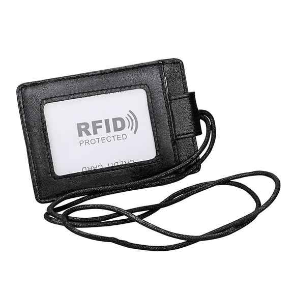 KB153 Antimagnetic RFID Leather Card Holder ID Card Badge with Lanyard(Black)