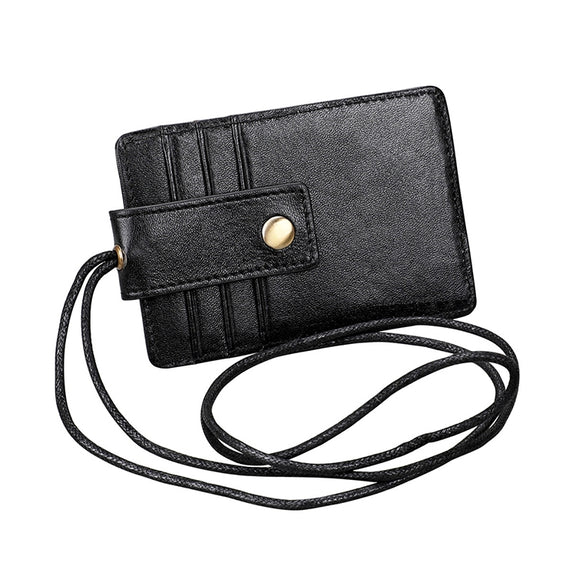 KB153 Antimagnetic RFID Leather Card Holder ID Card Badge with Lanyard(Black)
