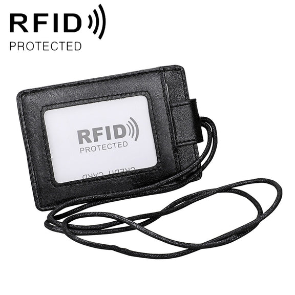 KB153 Antimagnetic RFID Leather Card Holder ID Card Badge with Lanyard(Black)