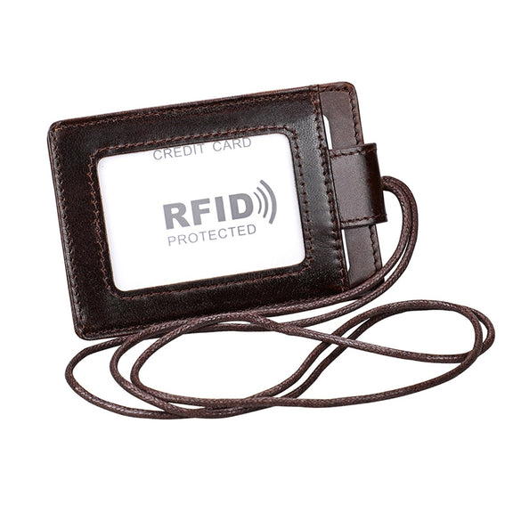 KB153 Antimagnetic RFID Leather Card Holder ID Card Badge with Lanyard(Coffee)