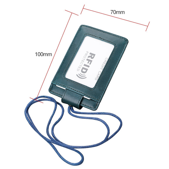 KB153 Antimagnetic RFID Leather Card Holder ID Card Badge with Lanyard(Blue)