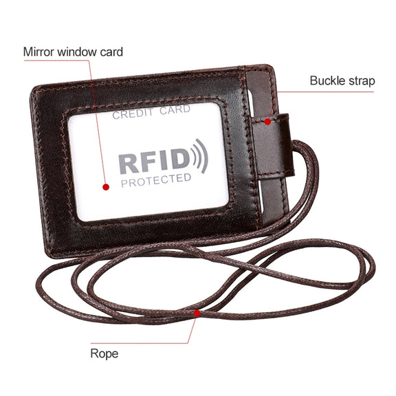 KB153 Antimagnetic RFID Leather Card Holder ID Card Badge with Lanyard(Blue)