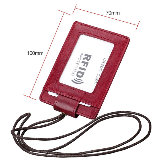 KB153 Antimagnetic RFID Leather Card Holder ID Card Badge with Lanyard(Red)