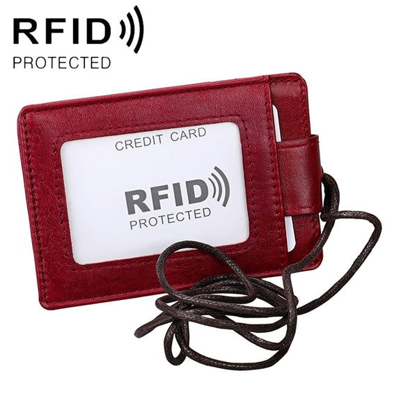 KB153 Antimagnetic RFID Leather Card Holder ID Card Badge with Lanyard(Red)