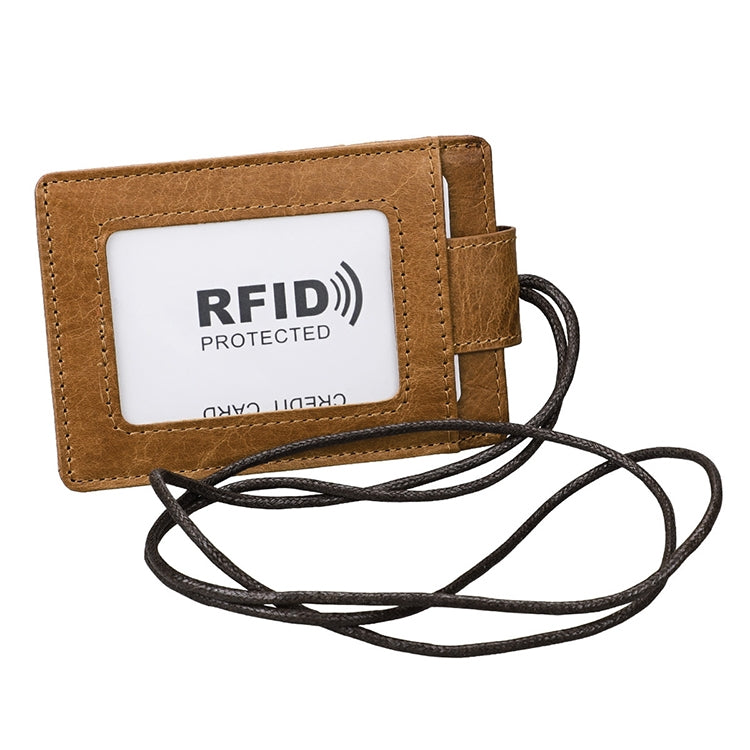 KB153 Antimagnetic RFID Leather Card Holder ID Card Badge with Lanyard(Yellowish-brown)