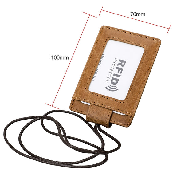 KB153 Antimagnetic RFID Leather Card Holder ID Card Badge with Lanyard(Yellowish-brown)
