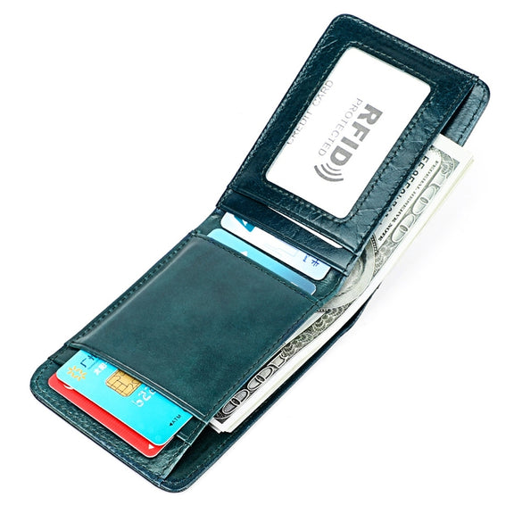 KB186 Antimagnetic RFID Mini Crazy Horse Texture Leather Billfold Card Wallet for Men and Women(Blue)