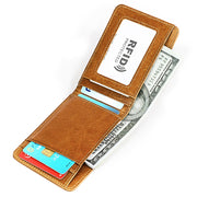 KB186 Antimagnetic RFID Mini Crazy Horse Texture Leather Billfold Card Wallet for Men and Women(Yellowish-brown)