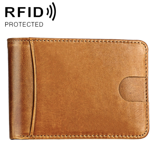 KB186 Antimagnetic RFID Mini Crazy Horse Texture Leather Billfold Card Wallet for Men and Women(Yellowish-brown)