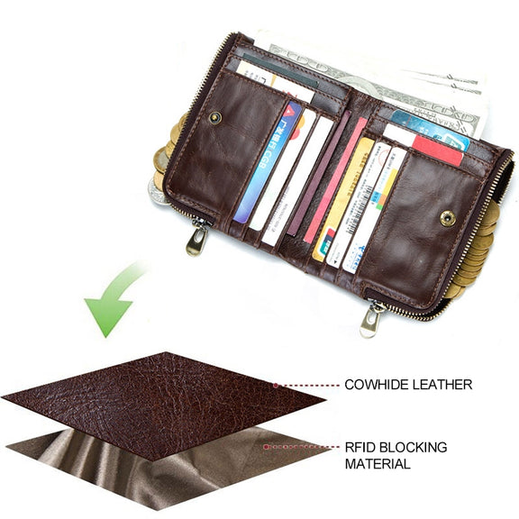 3533 Antimagnetic RFID Top-grain Leather Crazy Horse Texture Men Business Leisure Wallet (Coffee)